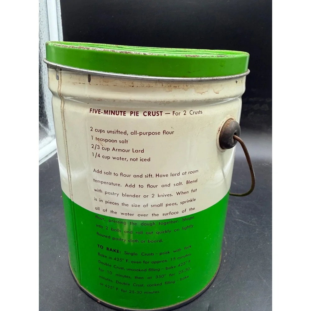 Vintage Armour Pure Lard 4 lb Tin Bucket with Lid Recipes Green White Red Star